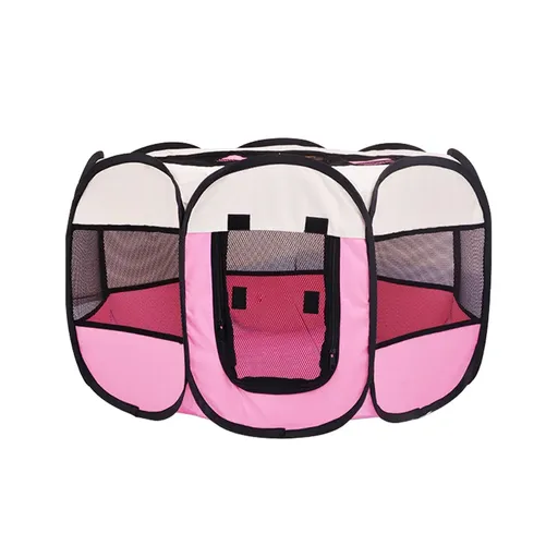 Pet Fence Indoor Cat Dog Tent Octagonal Fence Portable Foldable Cage Kennel - S-Pink
