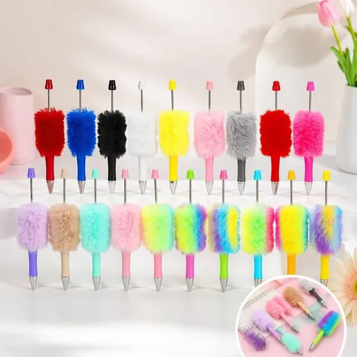 18 Pcs Fluffy Beadable Pen Fuzzy Plastic Bead Ballpoint Pen Retractable Beaded Writing Pens for DIY Craft Office Supplies, Multicolor
