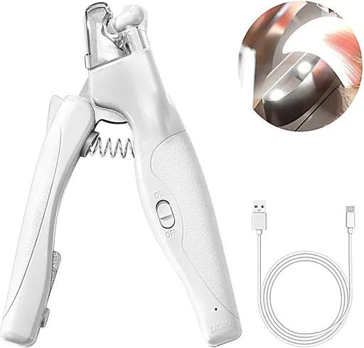 Pet Nail Clipper with LED Light for Dogs & Cats, Rechargeable Nails & Claws Trimmer, Professional Grooming Tool with Nail Trapper & Free Nail File, Quick-Sensor Razor Sharp Blades, White