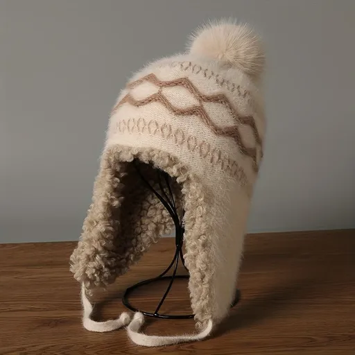 Women'S Knitted Hat Furry Ear-Flap Hat Pom-Pom Hat Winter Accessory Women'S - Beige - Size L
