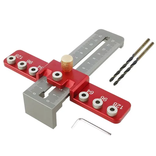 Aluminum Alloy Cabinet Handle Drilling Jig with Adjustable Cross Sliding Structure for Precise Hole Positioning on Drawers, Cupboards, Wardrobes and File Shelves (Red)