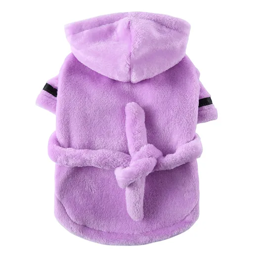 Purple Cozy Pet Bathrobe Sleepwear – Plush Fleece Dog Robe with Hood and Adjustable Waistband for Small to Medium Breeds(Size:L)