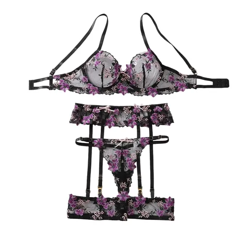 House Of Dasein Purple Sexy Lace Embroidered Bra Collar Underwear Set - Dark Purple - M