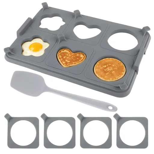 6-Cavity Silicone Egg Cooking Molds Set with 4 Rings and Spatula, 14.8 x 10.4 x 0.6 in Nonstick BBQ Grill Pancake Tray for Sandwiches, Eggs, Patties, Burgers