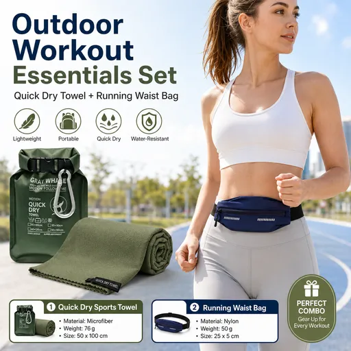 Outdoor Sports Combo Set - Green Microfiber Quick Dry Cooling Towel and Blue Lightweight Running Waist Belt with Reflective Strips, Portable Gym Accessories for Fitness and Travel Suitable for sports; keeps hands free and makes wiping away sweat conv