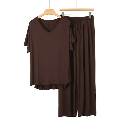Brown Women's Modal Lounge Set Pink V Neck Short Sleeve Top and Wide Leg Pants, Lightweight Breathable Summer Sleepwear, Relaxed Homewear for 45-72.5 kg