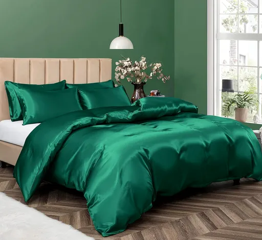 Satin Quilt cover Set Hotel 3 Pieces Quilt cover with Pillowcase, Art Silk Bedding Set-Luxury Soft Silky pillowcase for Hair and Skin, Similar to Silk Duvet/Donna Cover Set- 3 Pieces(Super King,Green)