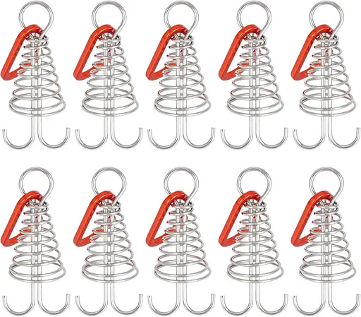 10 Pack Tent Pegs Aluminium Alloy Visgraat Shaped Windproof Octopus Tenthorns with Spring Clips Portable Rope Anchors for Camping Tents