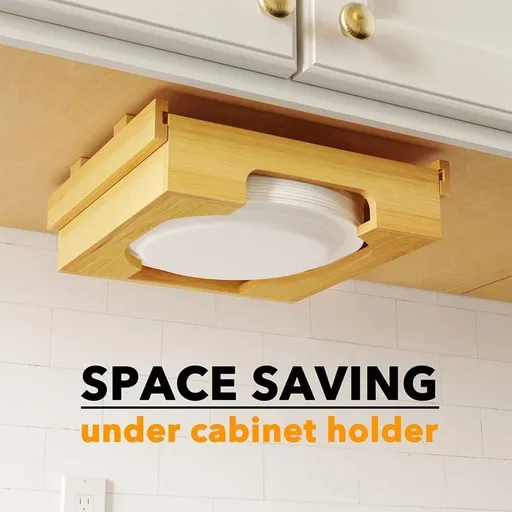 9/10-Inch Bamboo Paper Plate Dispenser - Under Cabinet & Countertop Holder for Kitchen Caddys for Plates Universal B
