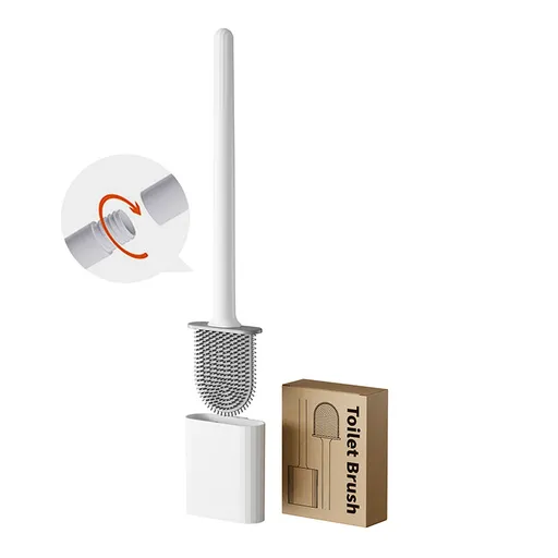 Silicone Toilet Brush and Holder with Long Handle, Quick-Drying Wall or Floor Mounted Bathroom Cleaning Set, White, 11 x 9 x 14 cm