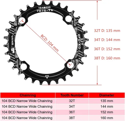 Chainring 104 BCD 32T Narrow Wide Single Chain Ring with 4 Pieces Sprocket Bolts for Road Bikes, Mountain Bikes