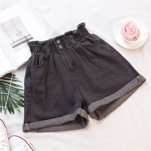Women Denim Shorts High Waist Wide Leg Cotton Black Gray