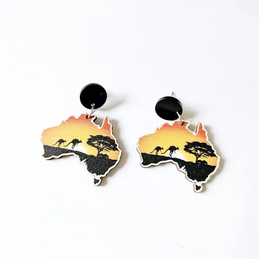 Wooden Australia Map Silhouette Earrings - Lightweight Geometric Ear Drops, Cultural Decor Gift(Style 2)