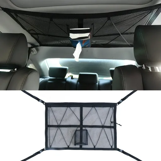 Truck Car Roof Ceiling Cargo Net Pocket Interior Double Layer with Zipper Buckle Organization Compatible for SUV Campers Car Storage