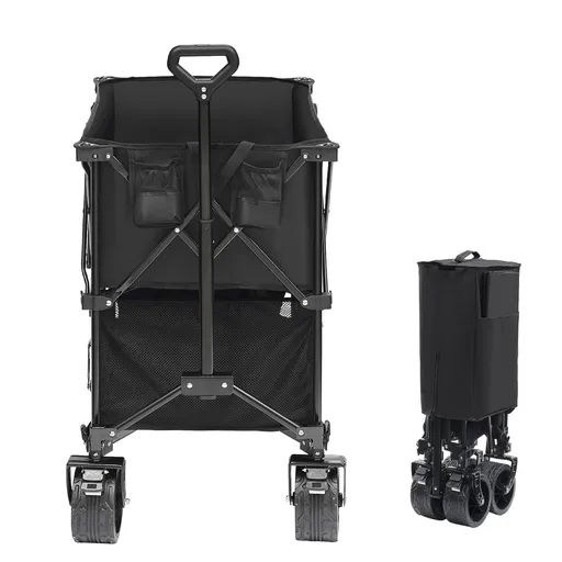 Foldable Double Decker Wagon, 400L Collapsible Wagon Cart with All-Terrain Wheels, Heavy Duty Folding Wagon Cart 350-450 lb Weight Capacity for Camping, Shopping, Garden, 52" Extra Long Extender