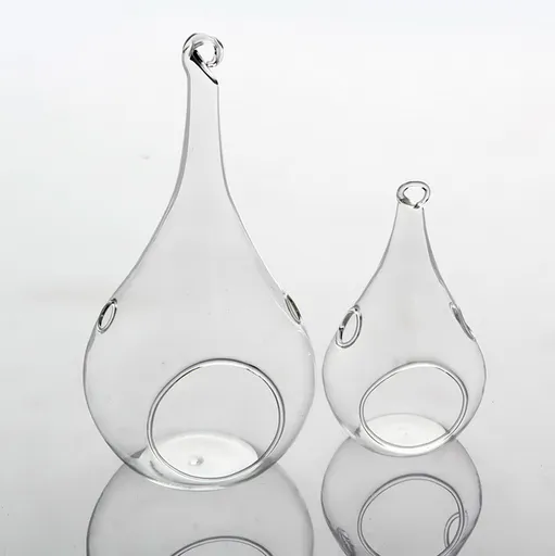 4 Pack of Hanging Clear Glass Tealight Candle Holder Tear Drop Pear Shape - 12cm High - Terrarium Plant Mini Garden Holder Decor