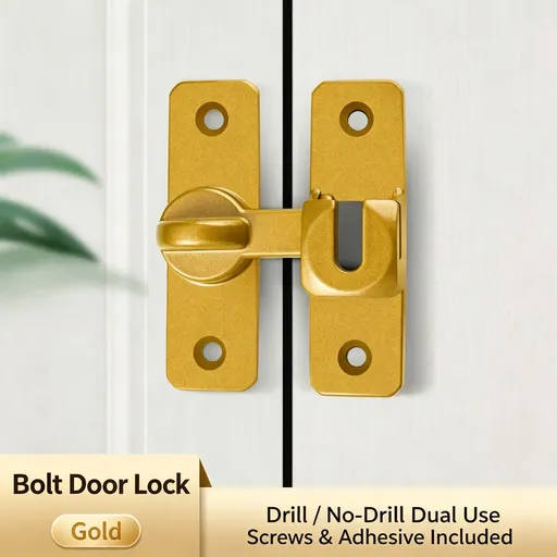 Gold 90°/180° Universal Door Latch Bolt with Screws & No-Drill Adhesive | Halloween Premium Drill-Free Gift | No-Punch Golden Door Lock Buckle Decorative Security
