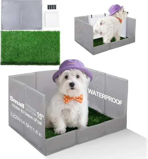 Dog Grass Pad with Tray, Foldable Litter Box High Wall, Indoor Potty | Easy Clean Puppy Pee Pad Holder with Odor Free Artificial Grass Patch for Dogs Potty, Leakproof, No Assembly - Gray - Size Small for Dog＜ 15" Length