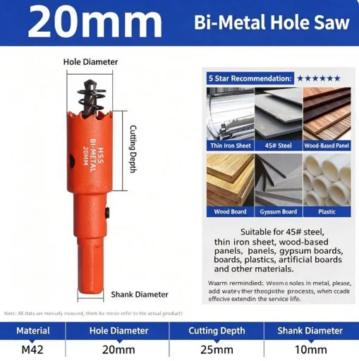 20mm Bi-Metal M42 High Speed Steel Hole Saw | with Pilot Drill Bit, Smooth Cutting Edge for PVC, Drywall, Wood, Plastic, Gypsum Board, Rubber, Thin Metal