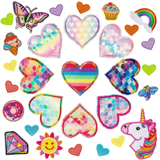 30Pcs Heart Shape Iron on Patches, Colorful Kids Iron on Knee Patches Fashion Girl Embroidered Patches Sew on Embroidered Applique