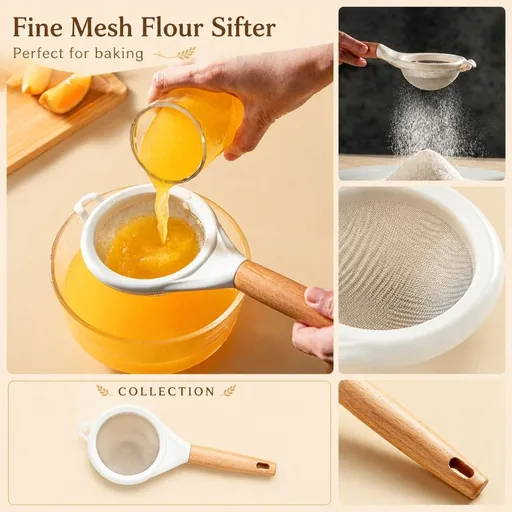 Flour Sieve with Beech Wood Handle Fine Mesh Strainer Stainless Steel Powdered Sugar Filter Baking Tool for Home Kitchen Sifting and Dusting Ingredients for Baking