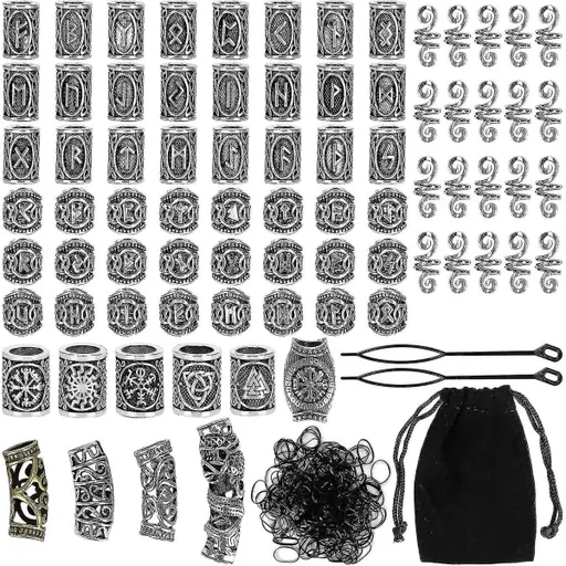 Kryc 80 Rune Beads Set With 300 Rubber Bands, Viking Beard Beads, Antique DIY Hair And Beard Beads, Nordic Hair Jewelry, Braided Bracelet, Pendant