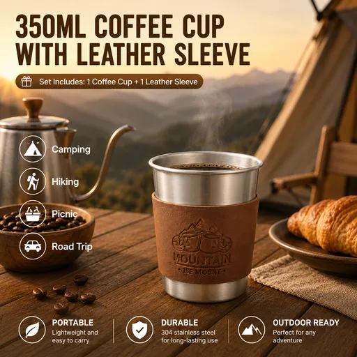 Silver 304 Stainless Steel Camping Coffee Cup with Leather Sleeve – 350ml Portable Outdoor Drinking Cup, Beer Cup, Travel Mug for Camping, Hiking, Picnic and Daily Coffee