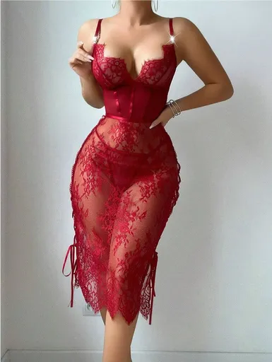 House Of Dasein Lace Hollow Out Red Sexy Chest Exposing Bodycon Lingerie Dress - Wine Red - M