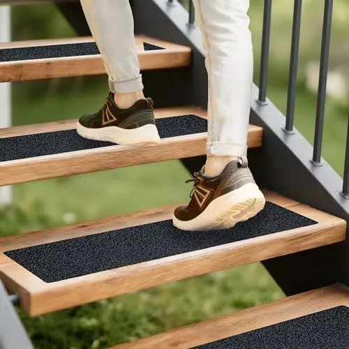 4"x28" Outdoor Stair Treads Non-Slip 10-Pack Waterproof Heavy-Duty | Best Grip Tape Grit Non Slip, Outdoor Non Skid Tape, High Traction Friction Abrasive Adhesive for Wooden Step, Deck, Porch - Black - Size 4"x28"