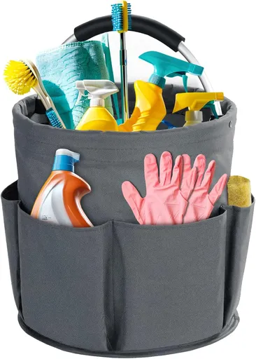 Grey Foldable Cleaning Caddy with 6 Outer Pockets: 17L Collapsible Storage Basket for Household, Bathroom, Picnic & Beach – Durable Oxford Cloth Organizer | Other colors available in store