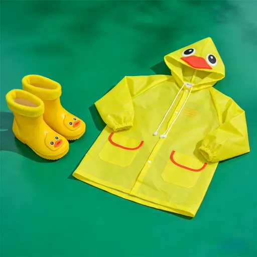 Kids Cartoon Rain Gear Set - Eco-Friendly Odorless Yellow Duck Raincoat & Matching 18cm Duck Rain Boots with Detachable Warm Cotton Liner