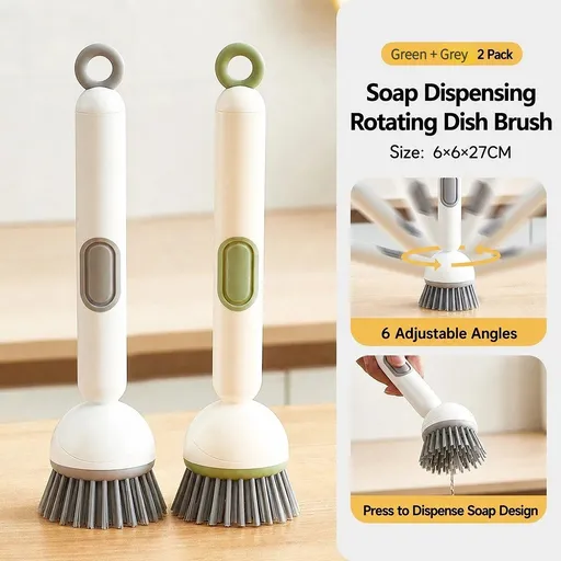 2pcs Home Refillable Rotating Pot Brush: One-Press Liquid Dispensing, 360° Rotating Head, Fine PET Bristles for Powerful Cleaning Without Scratching, Long Handle to Keep Hands Clean, Hangable for Hygienic Storage.(green+grey)
