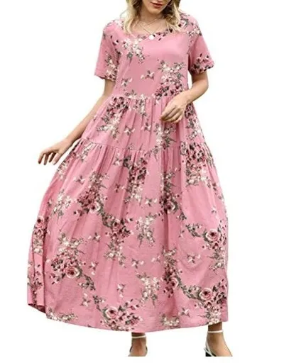 Women Floral Long Dress Short Sleeve Polyester Picture Color 4 Size: S; Height (cm): 155-160; Weight (kg): 45-50; Bust (cm): 82-86; Waist (cm): 66-70; Shoulder width (cm): 37; Length (cm): 58