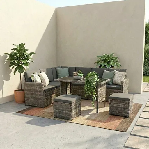 Ella 8-Seater Modular Outdoor Garden Lounge and Dining Set with Table and Stools in Dark Grey Weave
