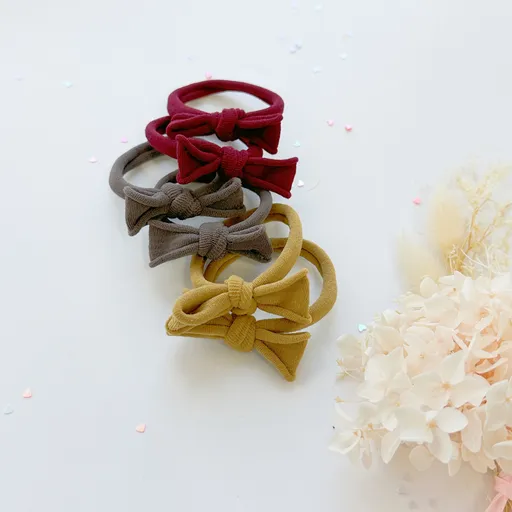 Handmade Simple Bow metal free hair ties -Mustard - 1 Pairs - Mustard