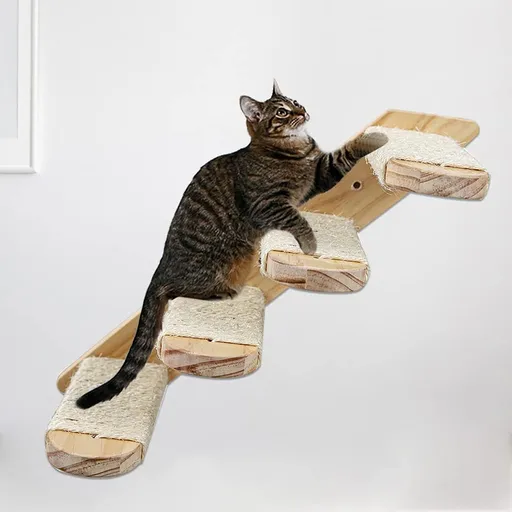 4-Tier Solid Wood Wall-Mounted Cat Climbing Ladder - Vertical Jumping Steps for Indoor Cats with Installation Kit