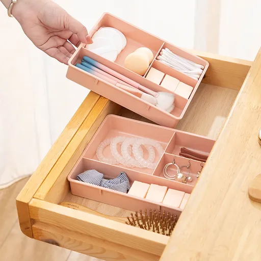 Four Grid Storage Box Plastic Drawer Dividers Flatware Tray Pen Holder Tray Plastic Tray Makeup Tray Plastic Drawers Makeup Vanity Organizer,Pink