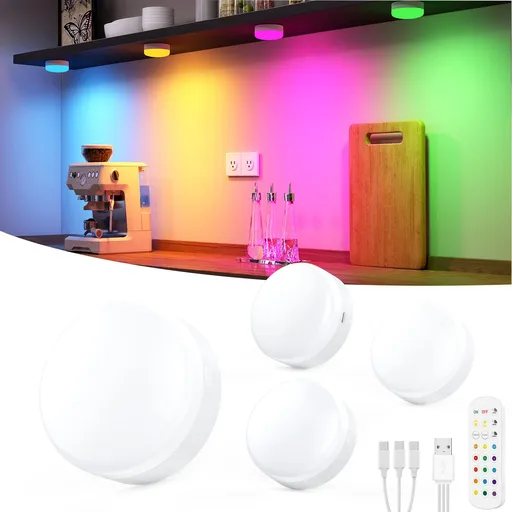 Puck Lights with Remote Control, 4-Pack Wireless Stick On Lights for Under Cabinet, Closet, Bedroom, Staircase & Bookshelf, 3000mAh Battery Operated Color Changing Lighting​​ (RGB&CCT)