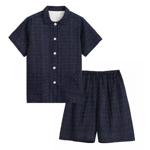 Japanese Cotton Pajama Suit Women Men Short Sleeve Men's navy blue polka dots-short-sleeved shorts XL
