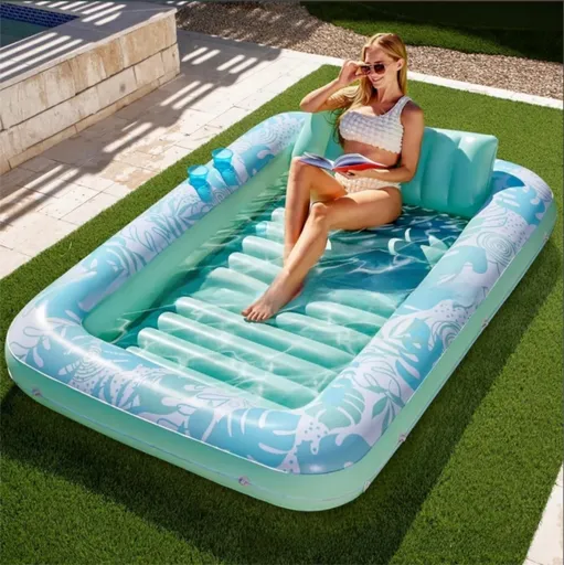 180x118CM Green Deluxe Inflatable Suntan Tub & Floating Pool Lounger with Dual Integrated Cup Holders and Pillow - Portable Sunbathing Pool for Lawn & Water