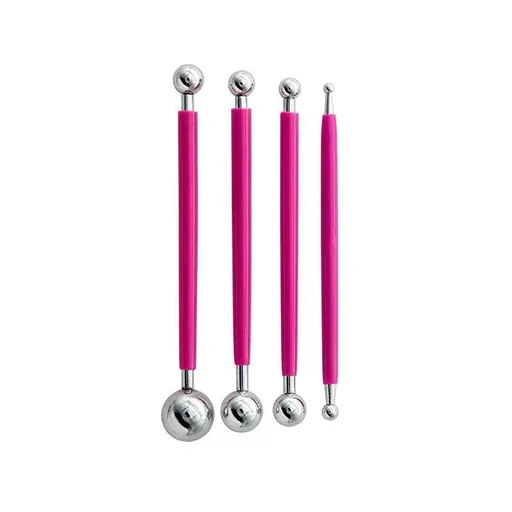 4X Fondant Cake Flower Decorating Clay Sugarcraft Ball Engraved Embossing Stick - Hot pink