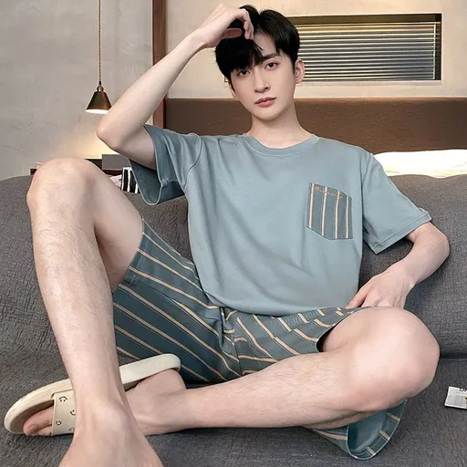 Shelofei Men Summer Cotton Pajama Set Short Sleeve DF93028 XXXXL