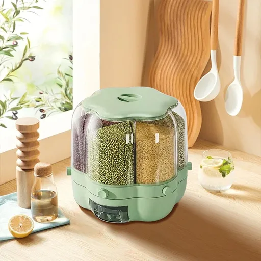 Rotating Grain Dispenser Storage Container, 27x26 cm/10.6x10.2 in, 6 Compartments, Dry Food Organizer for Kitchen