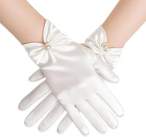 Gloves - Short satin gloves - Pearl glove - Wedding gloves - Satin tea party glove for ladies - Opera gloves - for tea party, tuxedo, dancing, wedding - 22*8 cm - white
