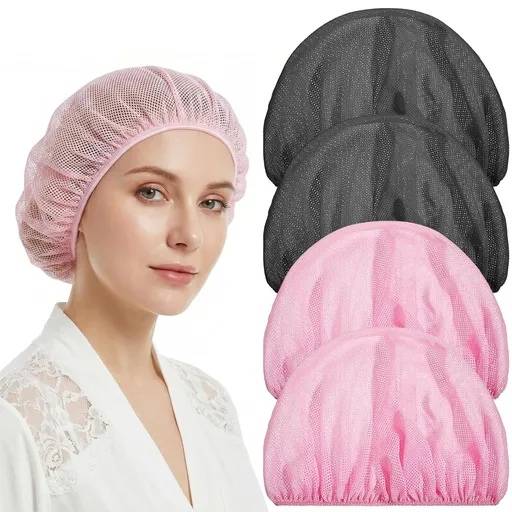 4 Pcs Mesh Sleep Bonnets for Women, Breathable Elastic Hair Nets for Sleeping, Pink and Black