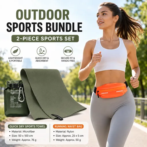 Outdoor Sports Combo Set - Green Microfiber Quick Dry Cooling Towel and Orange Lightweight Running Waist Belt with Reflective Strips, Portable Gym Accessories for Fitness and Travel Suitable for sports; keeps hands free and makes wiping away sweat co