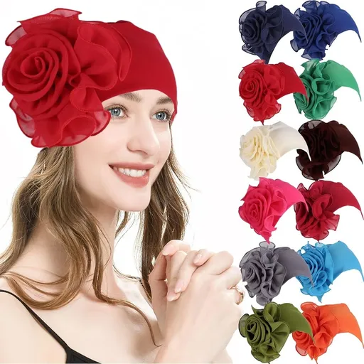 Hats for Women - Elastic Flower Headwrap Caps Solid Color Grate for Cancer Hair Cover