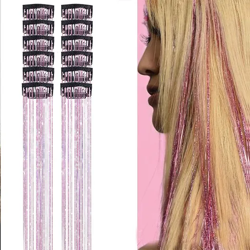 Pink Laser Iridescent Hair Extensions – 12-Piece Clip-In Highlight Strands (High-Temperature Fiber)