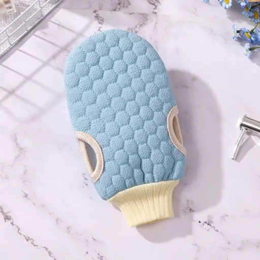Double-Sided Honeycomb Bath Scrub Gloves, Skin-Safe Exfoliating Mitt—Blue