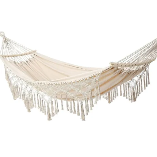 2-Person Bohemian Hammock with Fringes, 500 lbs Capacity, Cotton, Portable for Garden Patio Camping, Moon-Shaped Poles